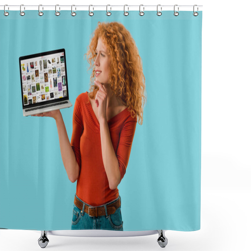 Personality  KYIV, UKRAINE - JULY 16, 2019: Pensive Redhead Woman Holding Laptop With Pinterest Website, Isolated On Blue  Shower Curtains