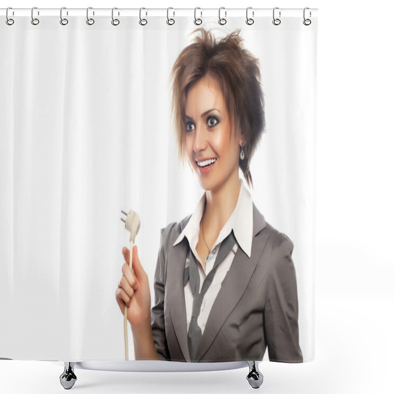 Personality  Young Woman With Electrical Plug Studio Shot Shower Curtains