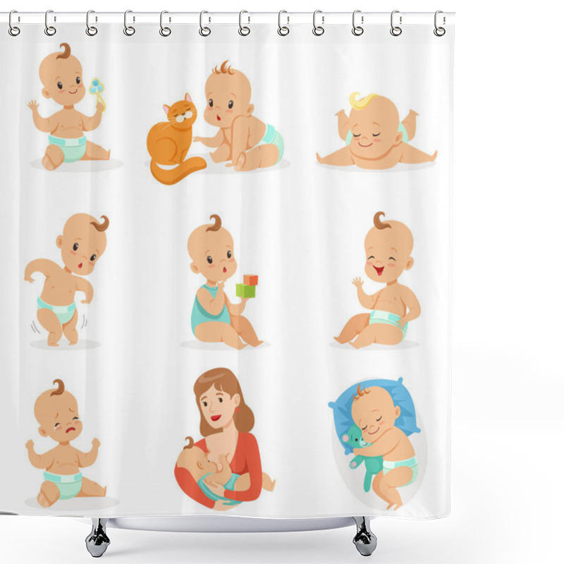 Personality  Adorable Happy Baby And His Daily Routine Set Of Cute Cartoon Infancy And Infant Illustrations Shower Curtains