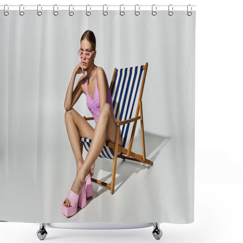 Personality  Stylish Blonde Woman Relaxes On Deck Chair In A Pink Bikini. Shower Curtains