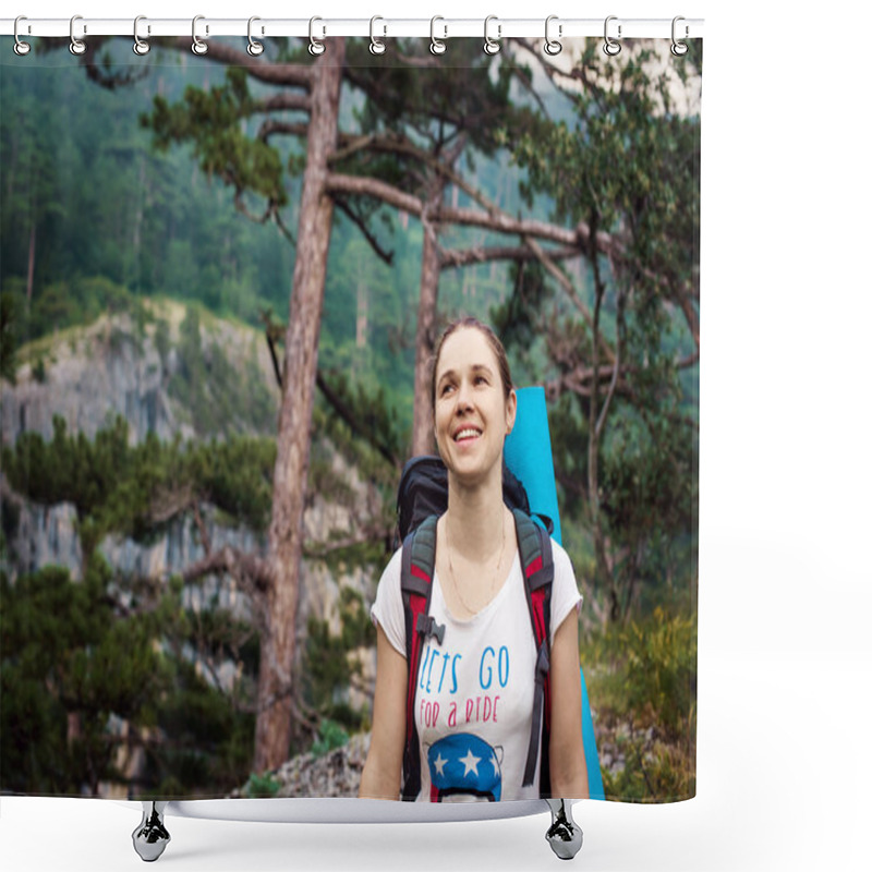 Personality  Caucasian Hiker Woman On Trek In Mountains With Backpack Living A Healthy Active Lifestyle. Hiker Girl On Nature Landscape Hike In Crimea. Shower Curtains