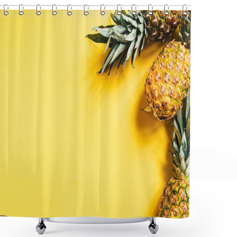 Personality  Top View Of Fresh Ripe Pineapples On Yellow Background Shower Curtains