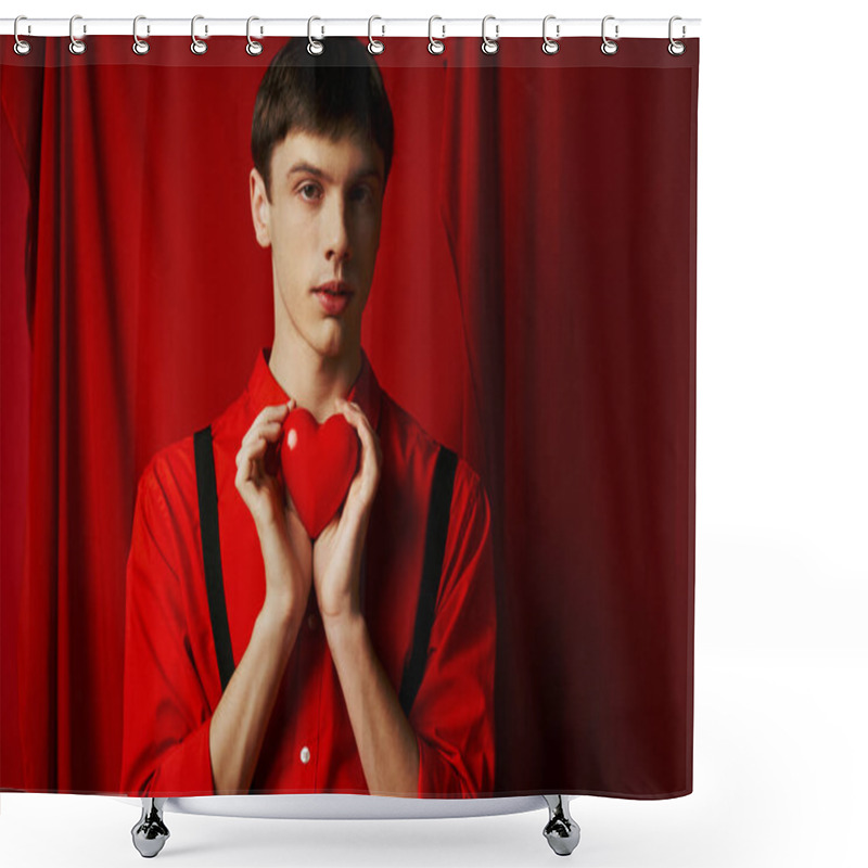 Personality  Young Man Holding Small Heart In His Hands And Looking At Camera On Red Background, 14 February Shower Curtains