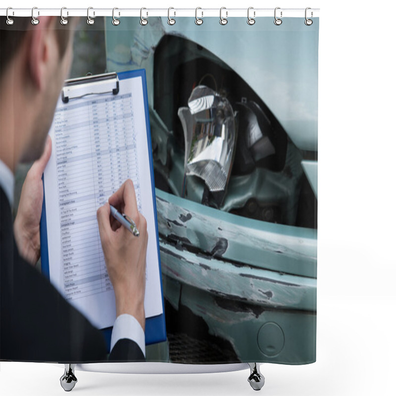 Personality  Insurance Agent Examining Car After Accident Shower Curtains