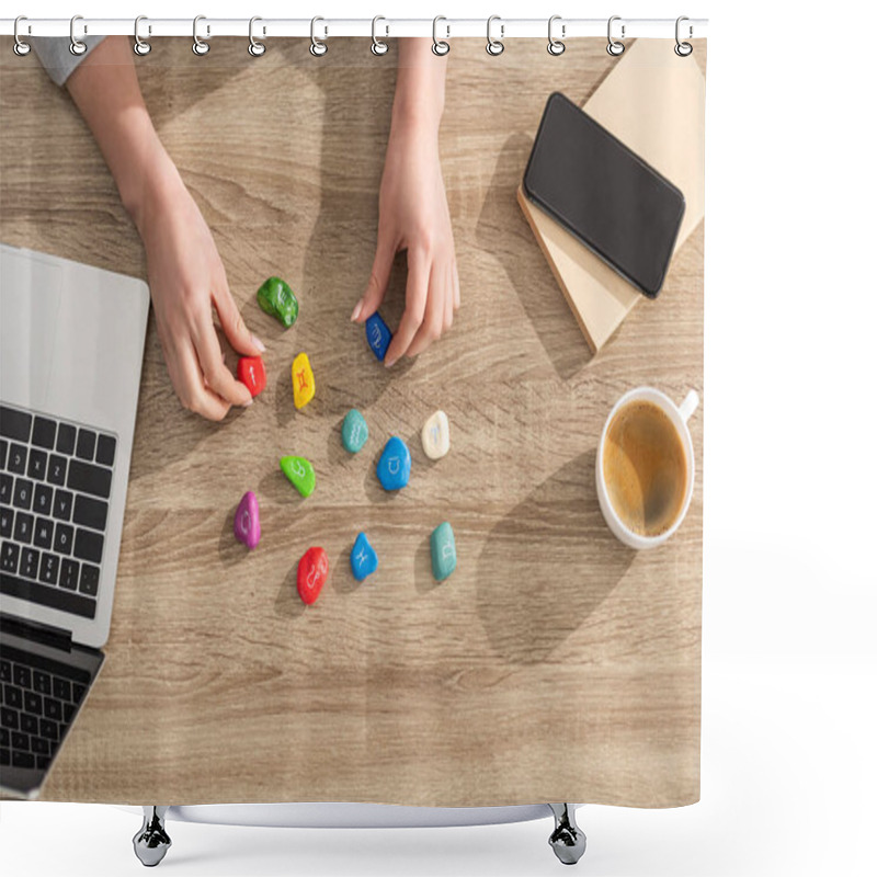 Personality  Top View Of Astrologer Holding Stones With Zodiac Sign Beside Laptop, Coffee And Book On Table, Cropped View Shower Curtains