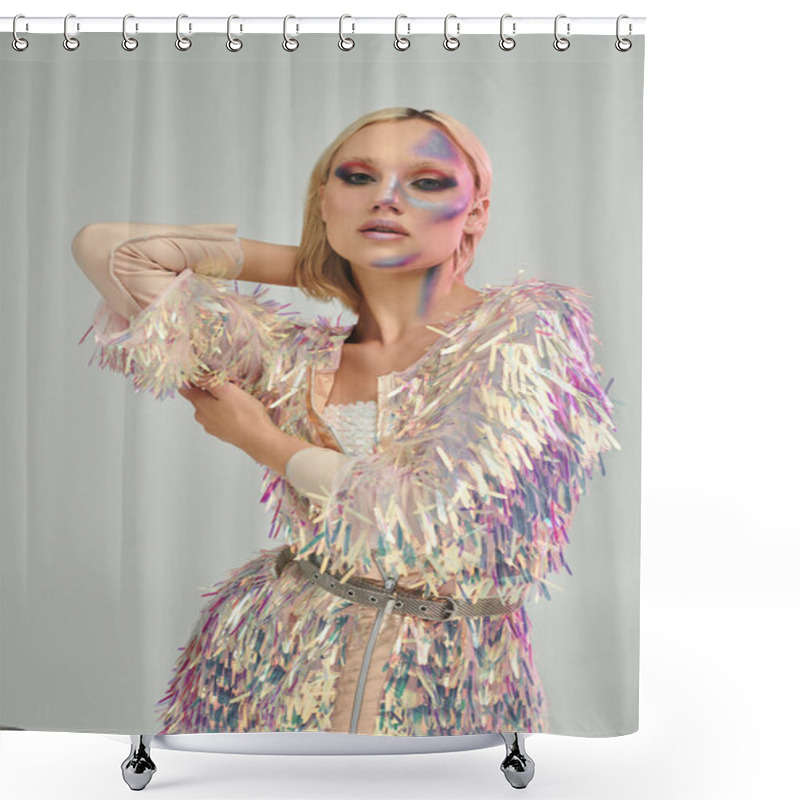 Personality  A Stylish Young Woman Showcases Vibrant Holographic Attire And Captivating Makeup. Shower Curtains