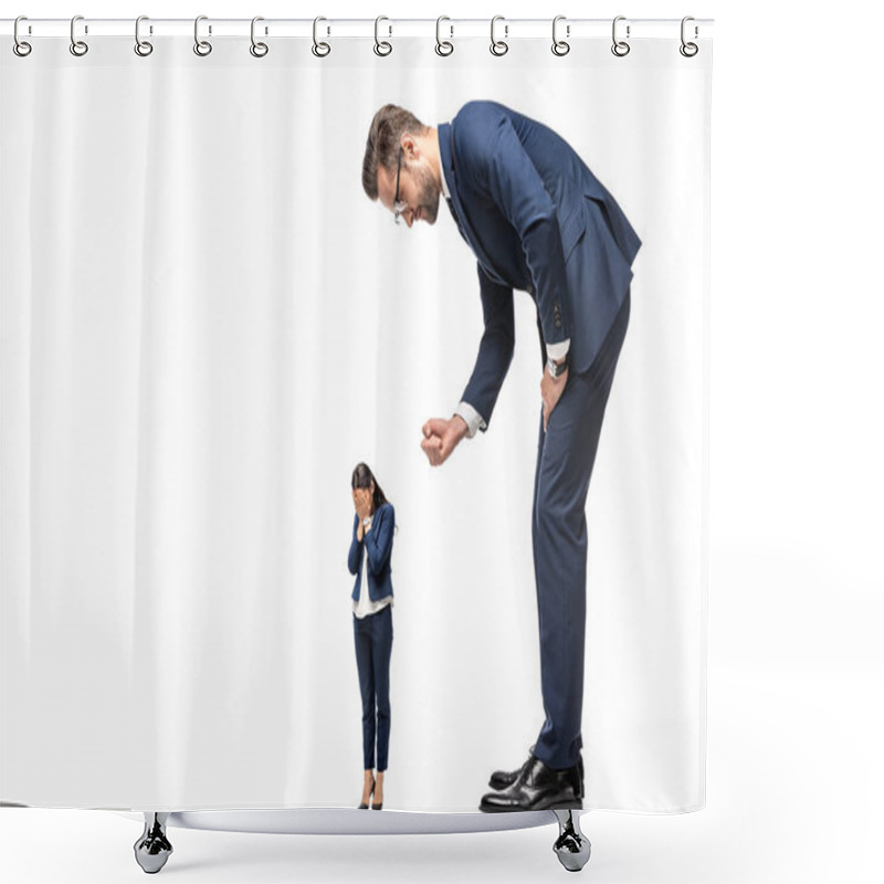 Personality  Big Businessman Showing Clenched Fist At Crying Small Businesswoman Isolated On White Shower Curtains