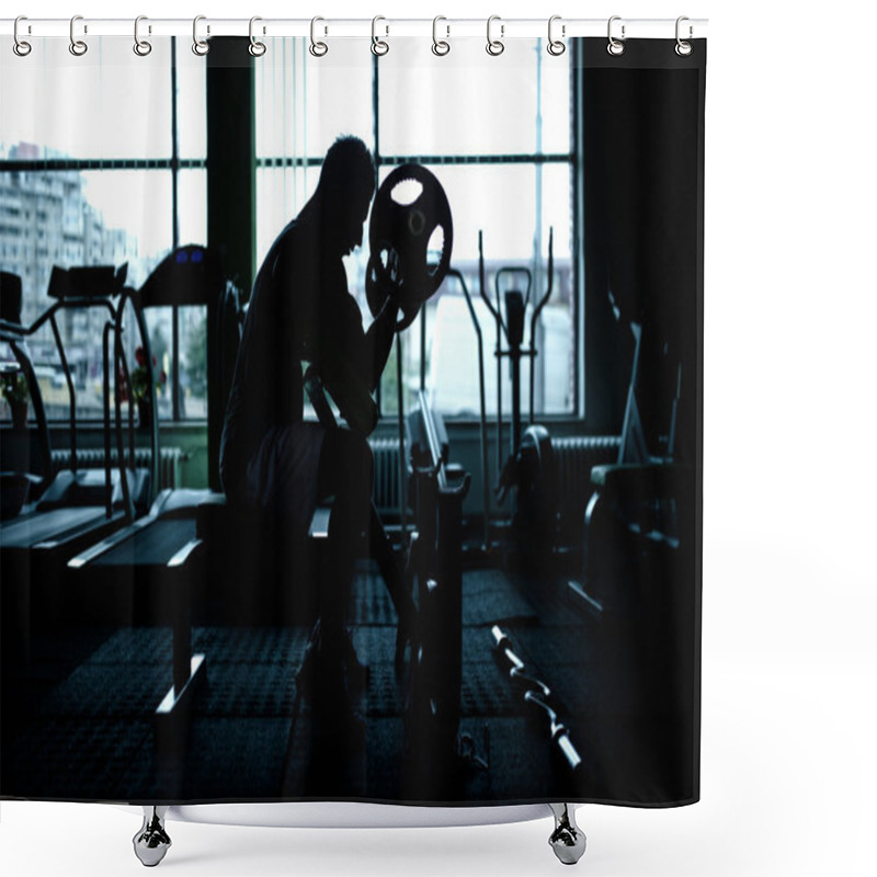 Personality  Silhouette Of An Athletic Man Working Out At Gym. Fitness Bodybuilder Training In The Gym Shower Curtains