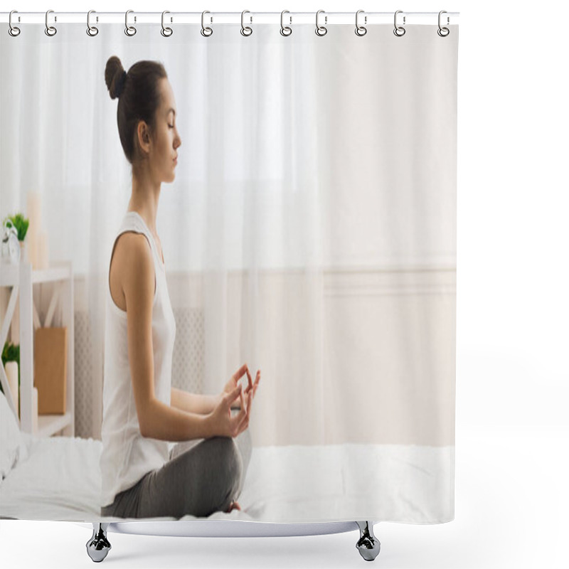 Personality  Morning Meditation. Woman Practicing Yoga On Bed After Waking Up, Side View, Free Space Shower Curtains