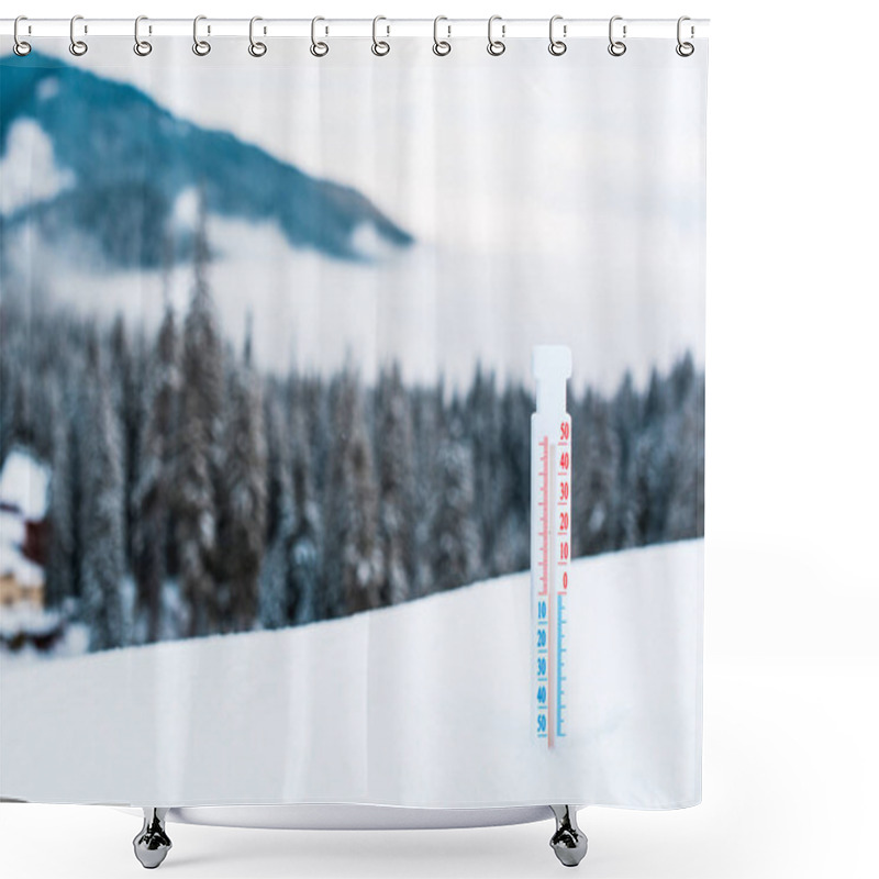 Personality  Thermometer In Snowy Mountains With Pine Trees And White Fluffy Clouds Shower Curtains