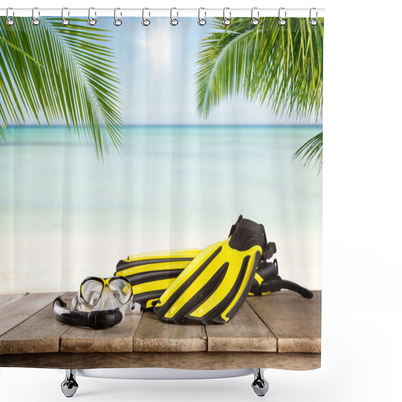 Personality  Mask, Fins And Snorkel On Wooden Desk Shower Curtains