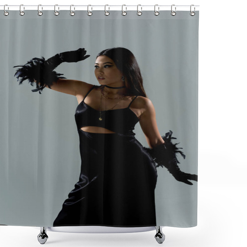 Personality  A Woman In A Black Dress And Feather Gloves, Gazing Off-camera, With A Backdrop Of Grey. Shower Curtains