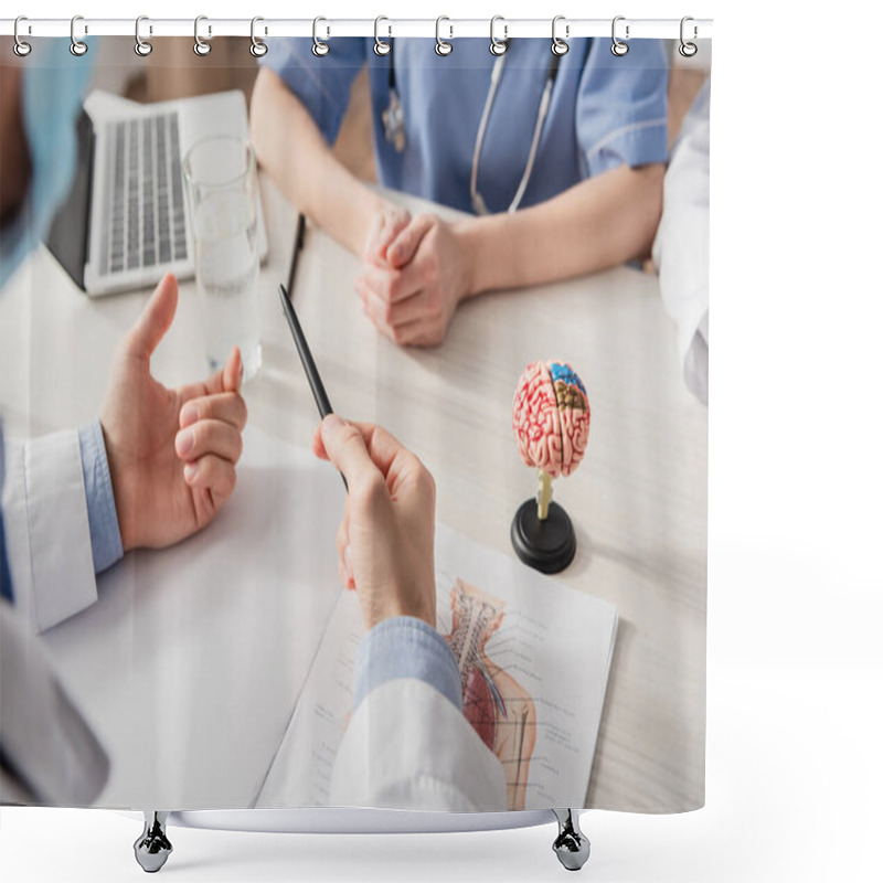 Personality  Cropped View Of Doctor With Pen Gesturing Near Colleagues At Workplace With Papers And Brain Anatomical Model On Blurred Foreground Shower Curtains