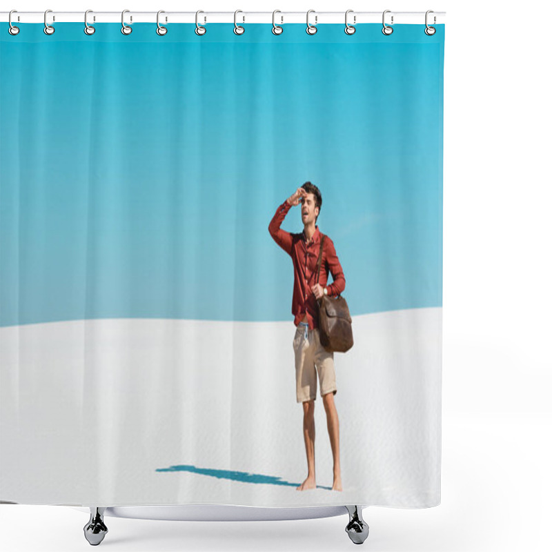 Personality  Handsome Man With Leather Bag Looking Away On Sandy Beach Against Clear Blue Sky Shower Curtains