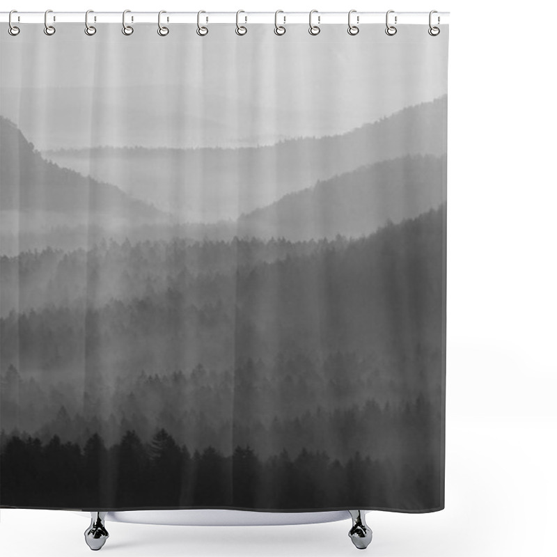 Personality  View Into Deep Misty Valley In German National Park. Trees Hidden In Foggy Gulch. Black And White Picture Shower Curtains