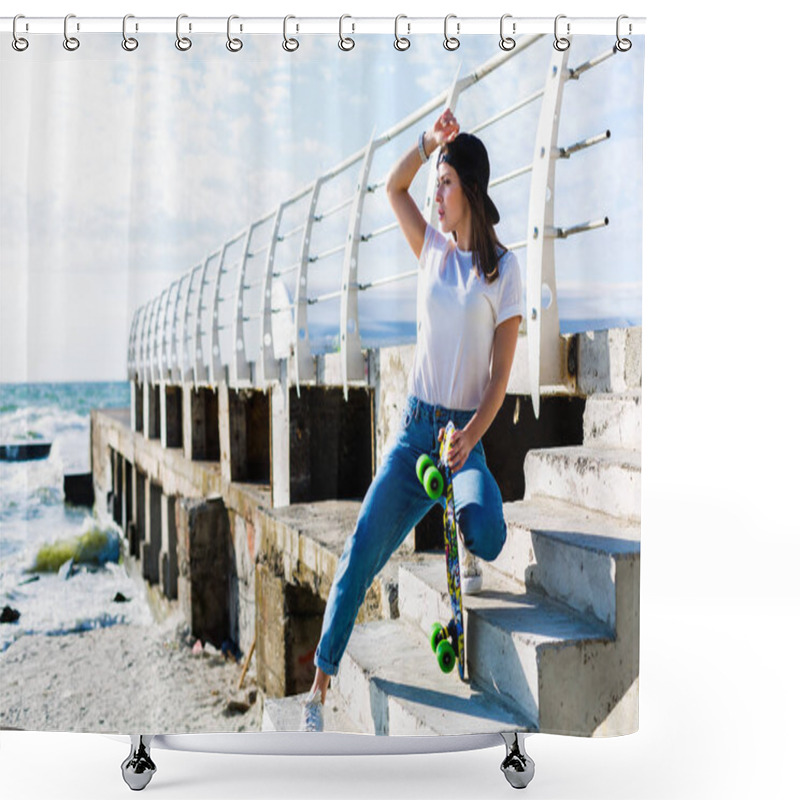 Personality  Beautiful Yound Woman With A Skateboard On A Beach Shower Curtains