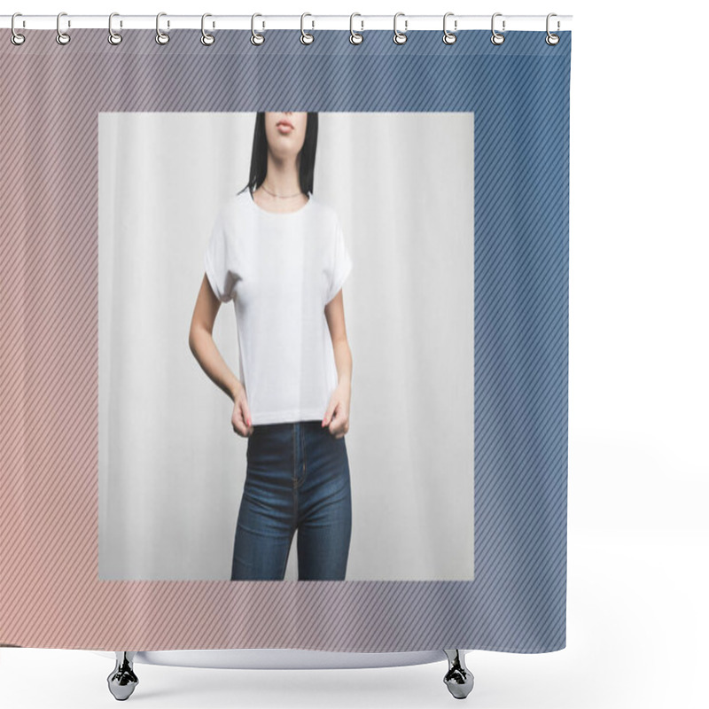 Personality  Young Woman In Blank T-shirt On White With Creative Frame Shower Curtains