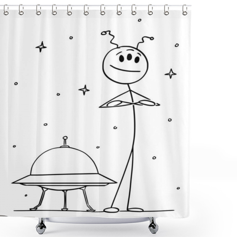 Personality  Cute Friendly Alien Standing In Front Of UFO Spaceship, Vector Cartoon Stick Figure Illustration Shower Curtains