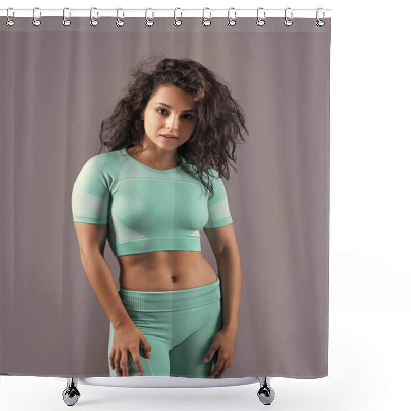 Personality  Fitness Woman In Sportswear At Studio. Fitness Woman In Sportswear Isolated On Grey Background. Fitness Sportswear. Shower Curtains