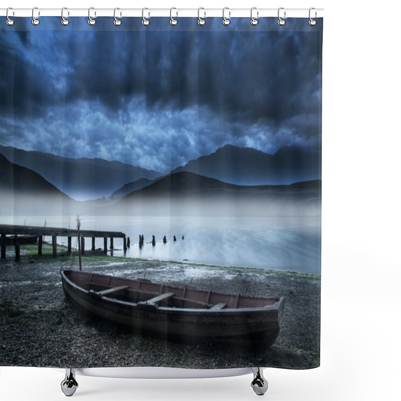 Personality  Old Boat On Lake Of Shore With Misty Lake And Mountains Landscap Shower Curtains