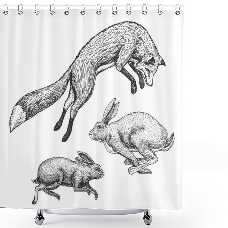 Personality  Wild Forest Animal Jumping Up. Soaring Red Fox And Hare And Rabbit. Food Search Concept. Vintage Style. Engraved Hand Drawn Sketch. Shower Curtains