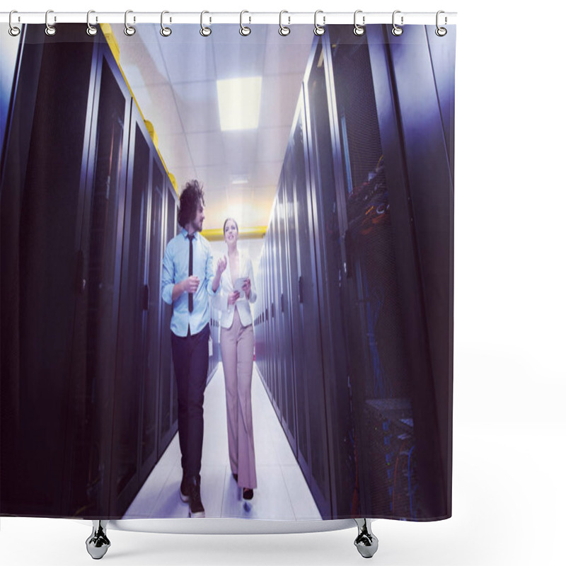 Personality  Young IT Engineer Showing Working Data Center Server Room To Female Chief Engineer Who Holding Tablet Computer Shower Curtains