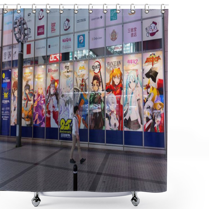 Personality  Akihabara, Japan- August 2, 2020: A Man Walks Past A Line Of Anime Posters In Akihabara. Shower Curtains