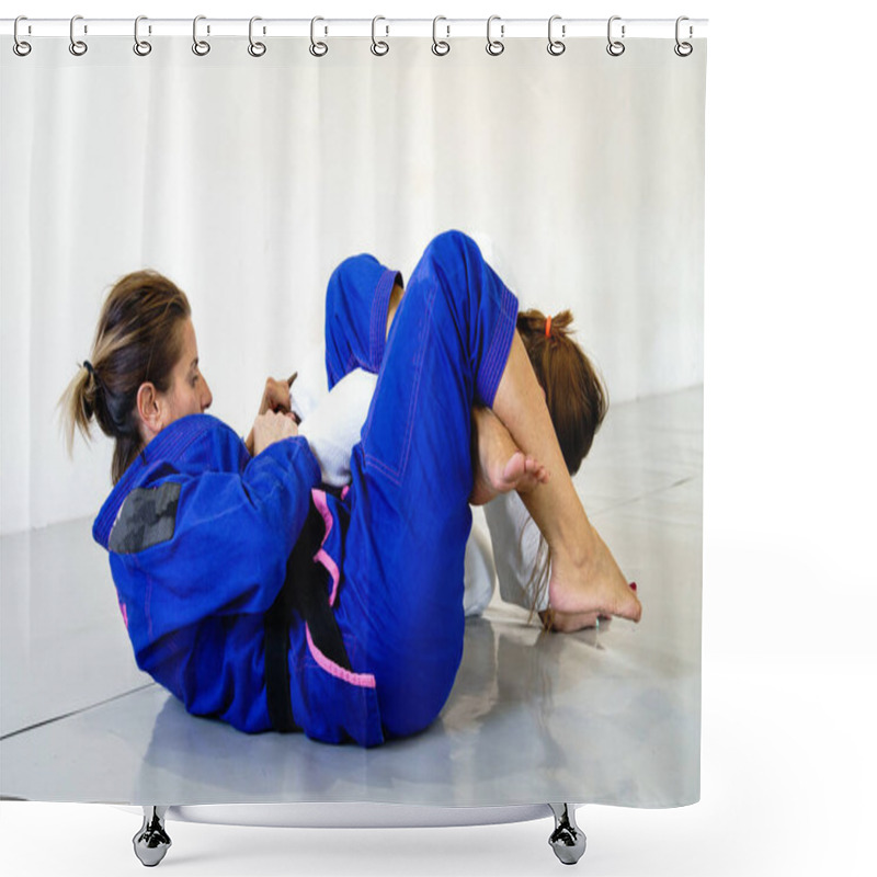 Personality  Omoplata Submission Judo Bjj Brazilian Jiu Jitsu Training Sparring Two Women Female Fighters In Training Wearing Kimono Gi Shower Curtains