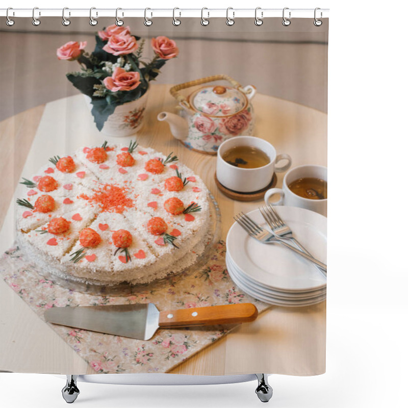 Personality  View Of Sponge Cake With Tender Cream, Berries Filling, Coconut Chips And Decorative Sweet Flowers On Top Served With Tea Set, Forks, Flower Bouquet And Floral Napkin Shower Curtains