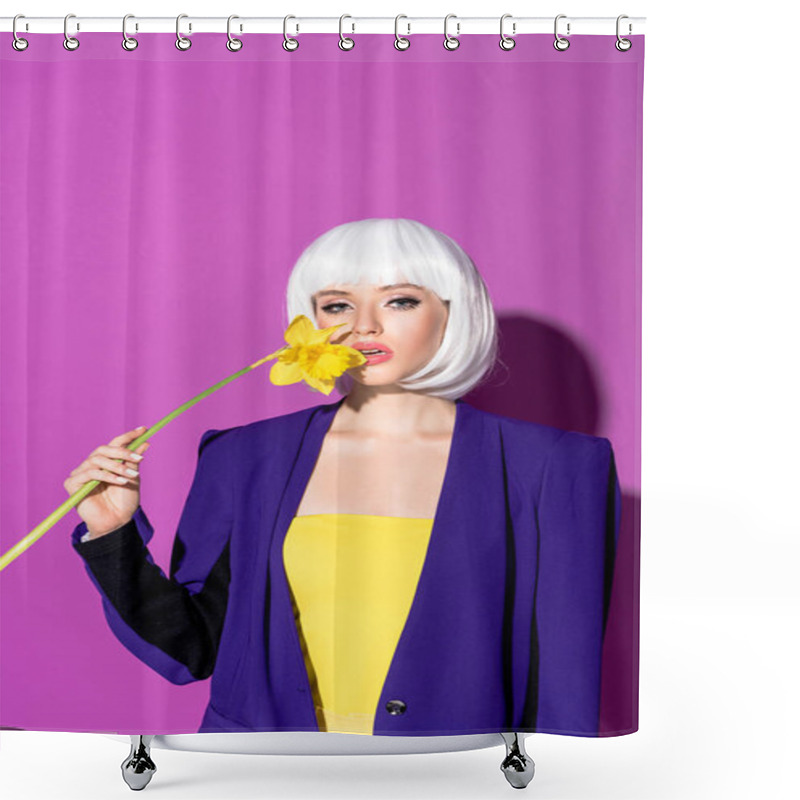 Personality  Wonderful Young Woman In Wig Sniffing Flower On Purple Background Shower Curtains