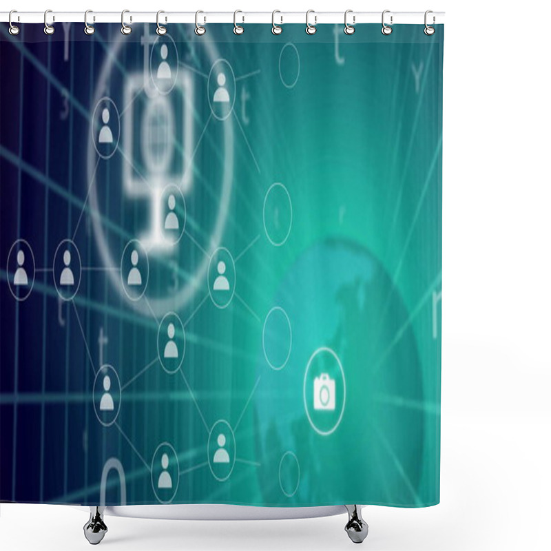 Personality  Network Of Connected User Icons And Camera Symbol Image Over Digital Background. Technology, Networking, Connectivity, Communication, Internet, Social Media Shower Curtains