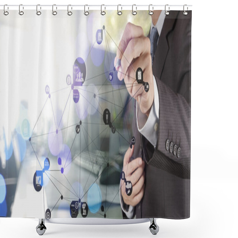 Personality  Double Exposure Of Businessman Hand Working With New Modern Comp Shower Curtains