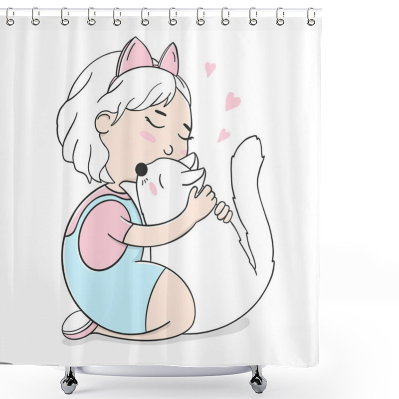 Personality  Pretty Little Girl With A Bow Hugs A White Cat. Shower Curtains