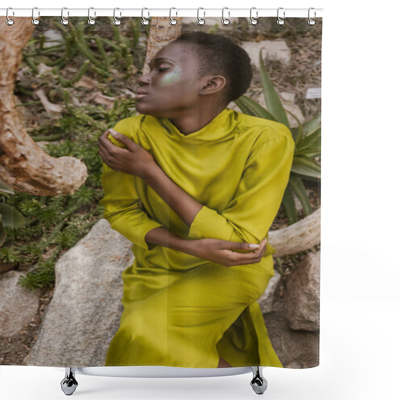 Personality  Tender African American Woman With Closed Eyes And Glitter Makeup Posing In Tropical Garden Shower Curtains