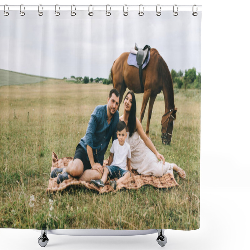 Personality  Parents And Son Sitting On Blanket On Field And Looking At Camera Shower Curtains