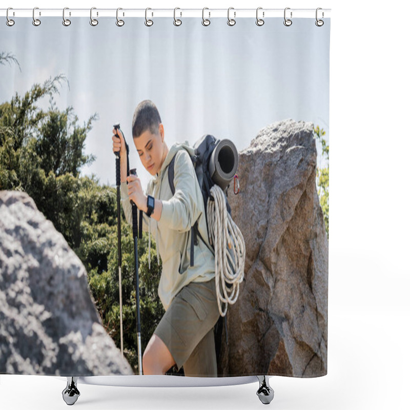 Personality  Young Short Haired Female Tourist With Backpack And Climbing Rope Holding Trekking Pole Walking Near Stones On Hill At Background, Tranquil Hiker Finding Inner Peace On Trail, Summer Shower Curtains