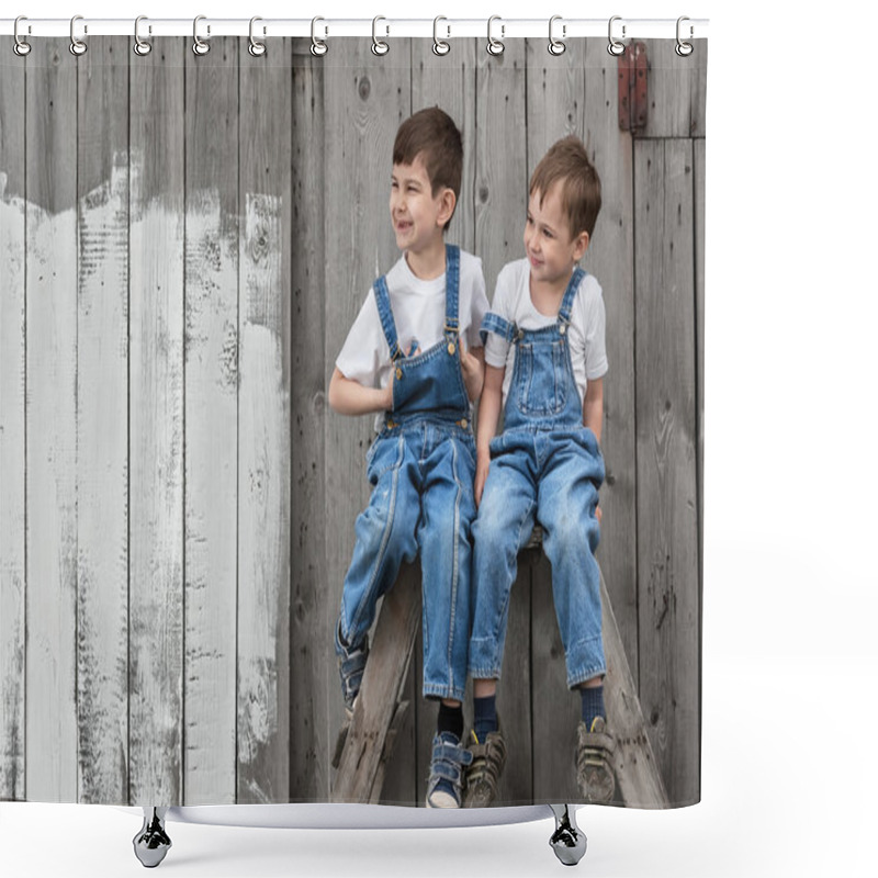 Personality  Boys With Brushes And Paint At An Old Wall Shower Curtains