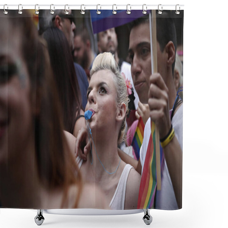 Personality  Participants Carry The Rainbow Flag As They March During The Gay Pride Parade In Thessaloniki, Greece On June 20, 2015 Shower Curtains