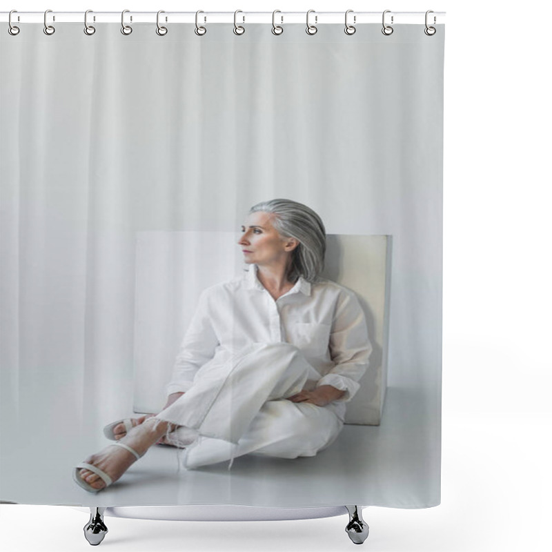 Personality  Grey Haired Woman Sitting Near White Cube On Grey Background  Shower Curtains