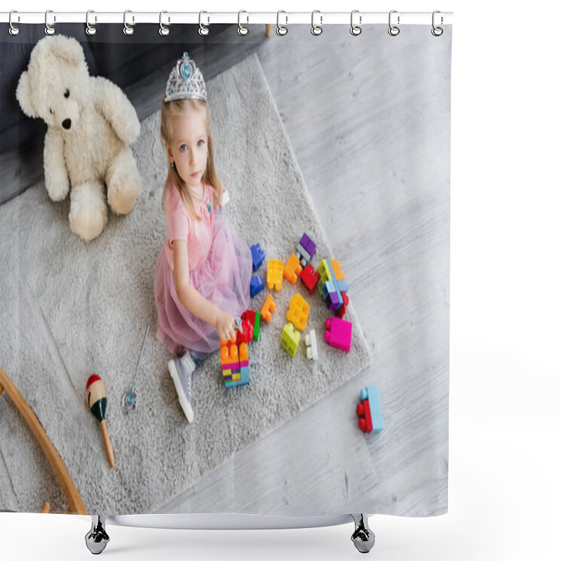 Personality  Child In Princess Costume Sitting On Floor Carpet Near Toys And Teddy Bear Shower Curtains