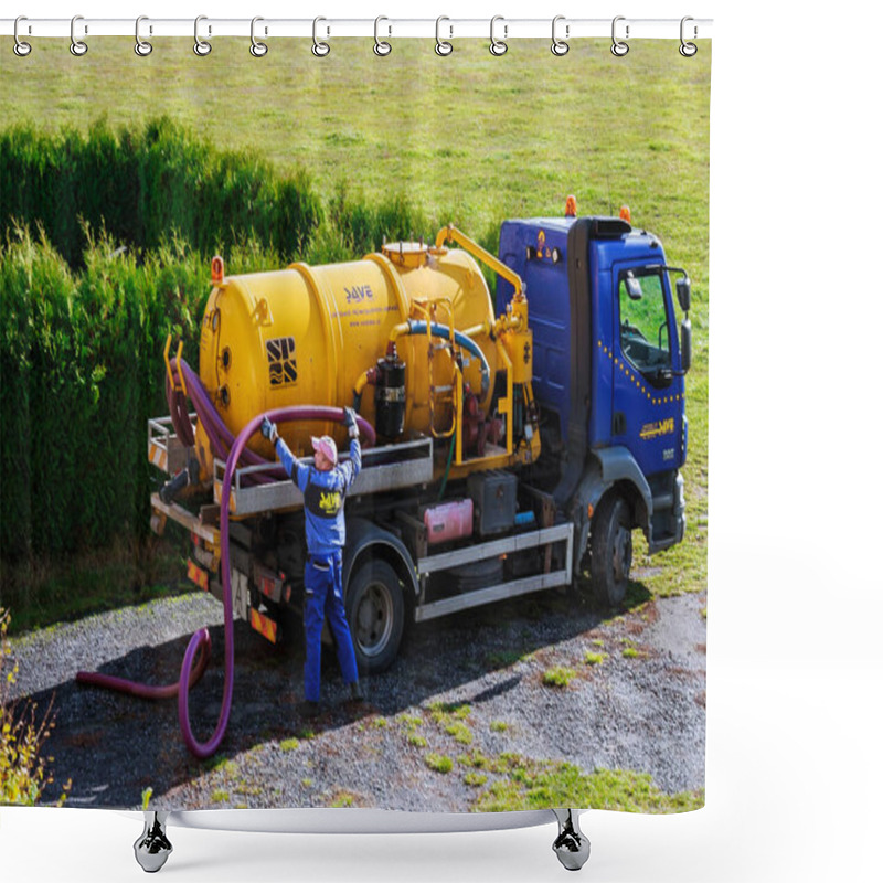 Personality  Skutc, Czech Republic - October 16 2019: Sewer Pumping Machine. Sewage Tank Truck. Shower Curtains