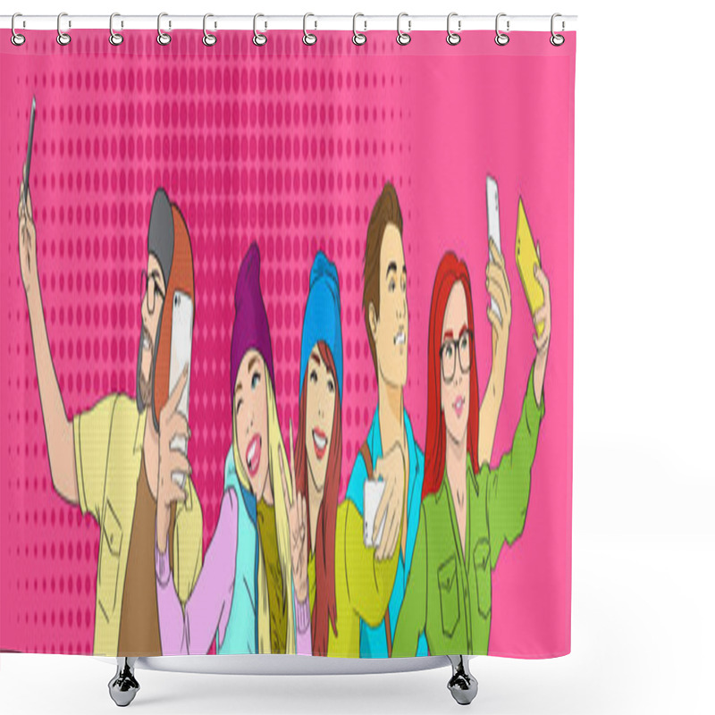 Personality  People Group Students Taking Selfie Photo On Smart Phone Pop Art Shower Curtains