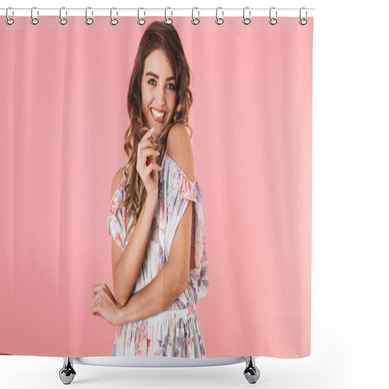 Personality  Image Of Cute Woman 20s With Long Hair Wearing Dress Smiling At  Shower Curtains