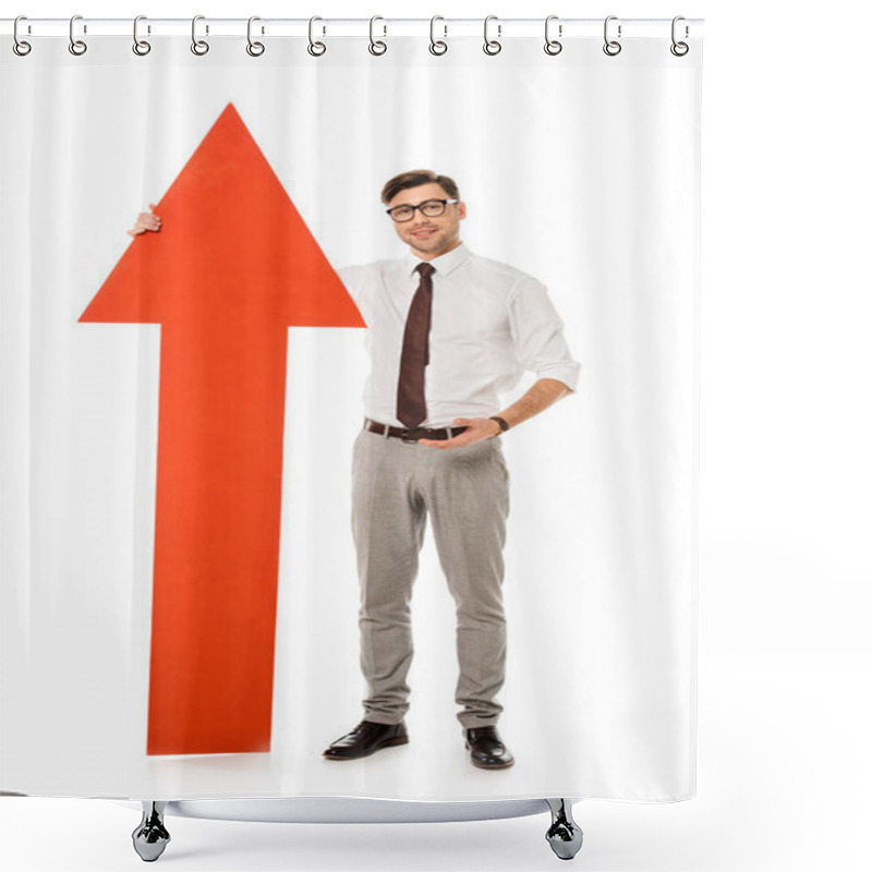 Personality  Young Handsome Businessman Standing With Big Red Arrow Isolated On White Shower Curtains