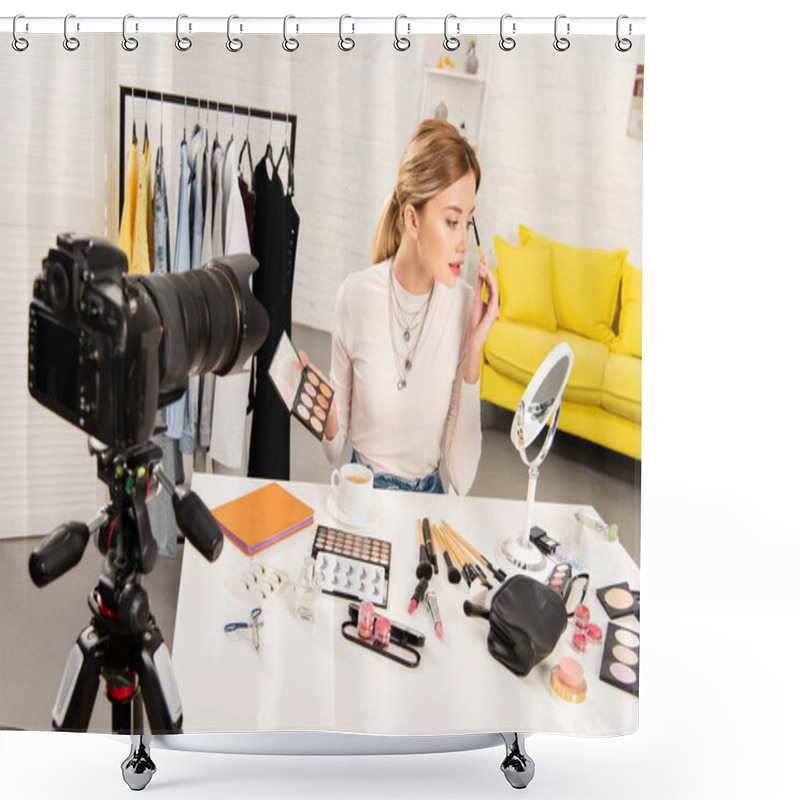 Personality  Beauty Blogger Doing Makeup In Front Of Video Camera Shower Curtains