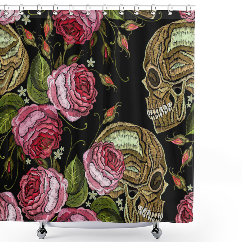 Personality  Embroidery Skull And Roses Flowers Seamless Pattern. Fashion Template For Clothes, Textiles, T-shirt Design. Gothic Romantic Human Skulls And Peonies Shower Curtains