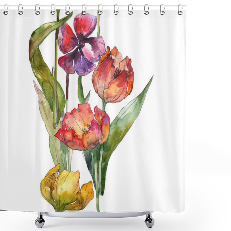 Personality  Isolated Tulips With Green Leaves Seamless Background Pattern. Fabric Wallpaper Print Texture. Watercolor Illustration Set.  Shower Curtains