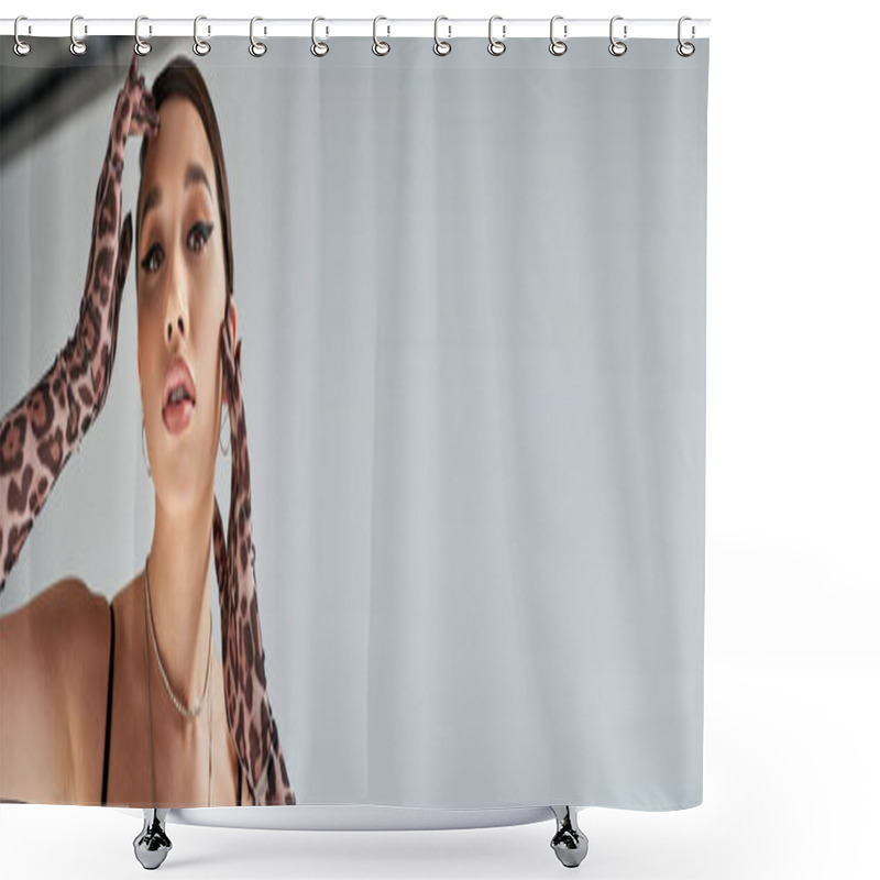 Personality  Spring Fashion, Portrait Of Appealing Asian Woman With Bold Makeup, In Silver Necklaces, Earrings And Animal Print Gloves Looking At Camera On Grey Background, Banner Shower Curtains