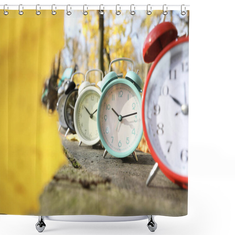 Personality  Alarm Clocks On Paved Pathway In Park At Autumn, Closeup Shower Curtains