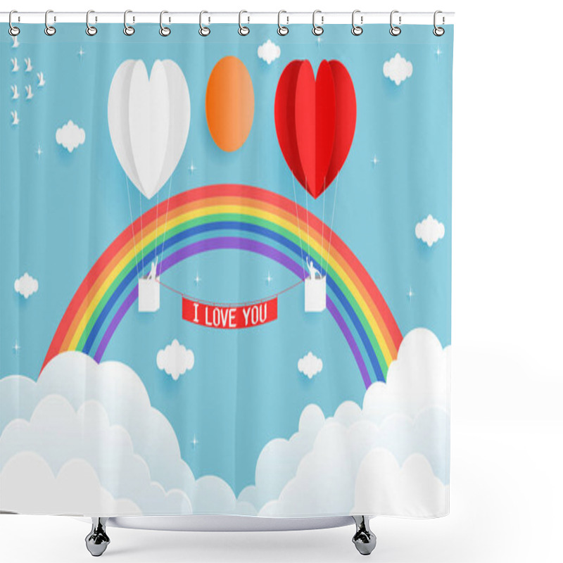 Personality  Paper Art Style Vector Illustration Graphic Design Sweet Valentines Card Of Heart Shape White And Red Balloon On The Sky With Beautiful Rainbows. Shower Curtains